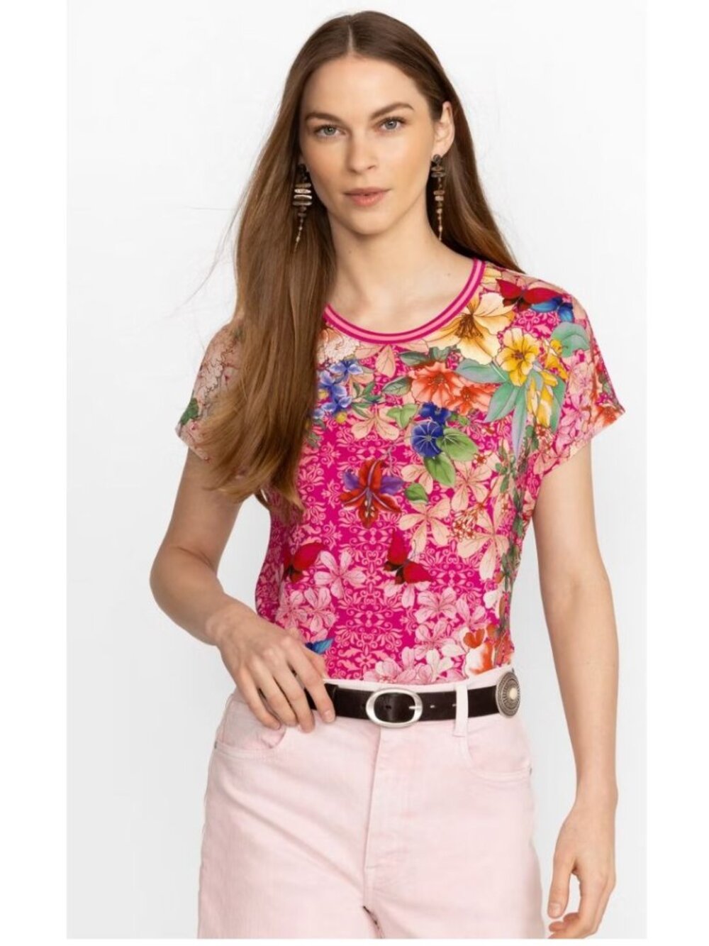 Johnny Was Frame Relaxed Dolman Sleeve Tee Pink Floral L
